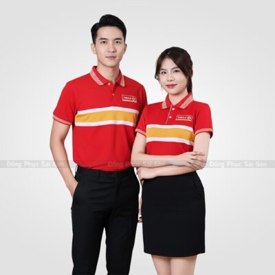 Đồng phục công ty màu đỏ phối vàng, trắng 2