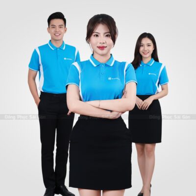 Mẫu áo thun đồng phục công ty màu trắng phối xanh dương 2
