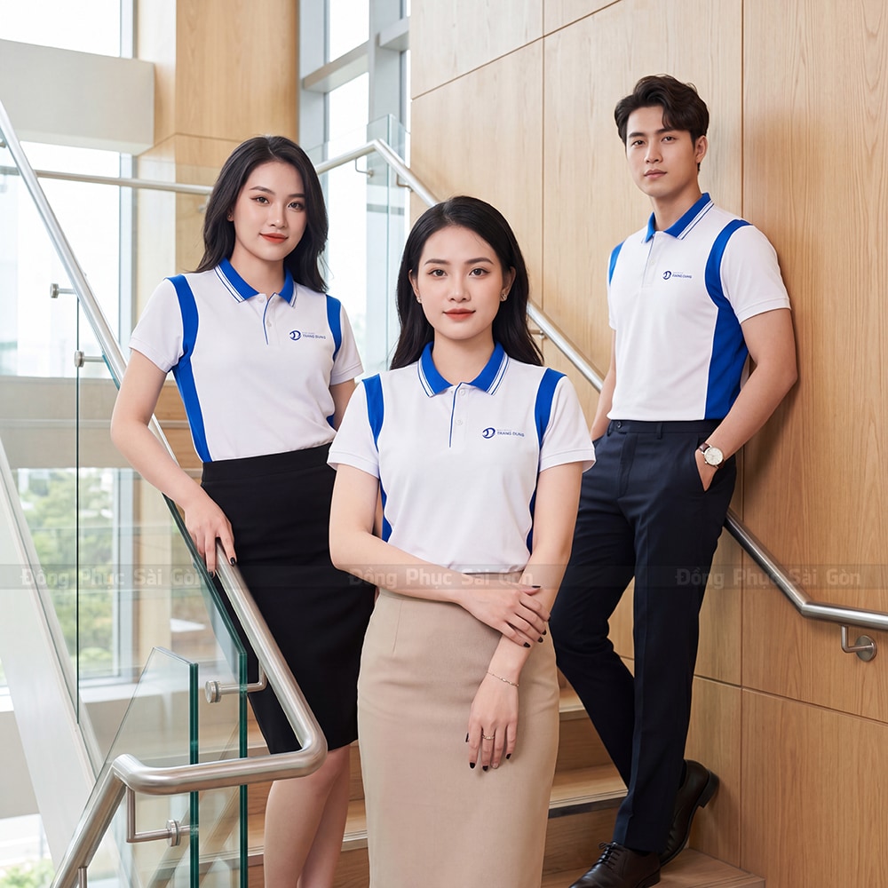 Áo thun đồng phục màu trắng phối xanh dương 5