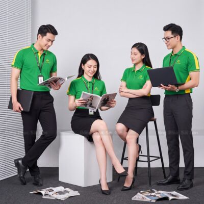Mẫu áo đồng phục công ty đẹp màu xanh lá phối vàng 3