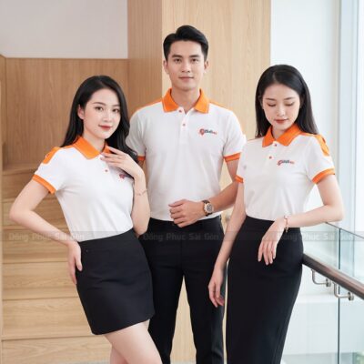 Mẫu áo đồng phục đẹp màu trắng phối cam 6