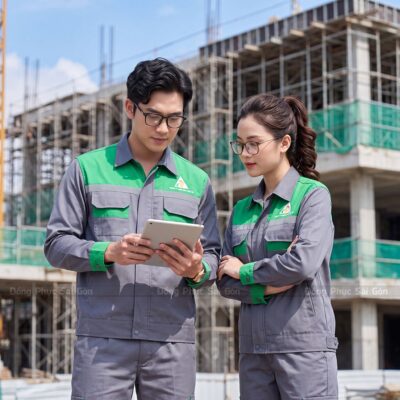 Áo công nhân màu xám đậm phối xanh lá nổi bật 1