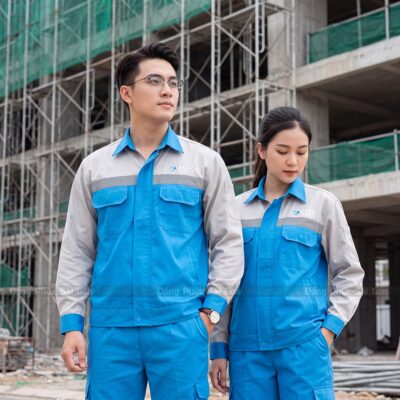 Áo công nhân màu xanh dương phối xám có phản quang ngang ngực 1