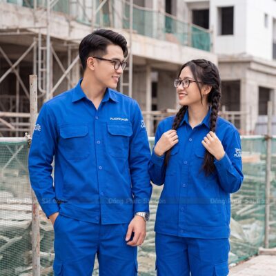 Áo công nhân tay dài màu xanh bích basic 1