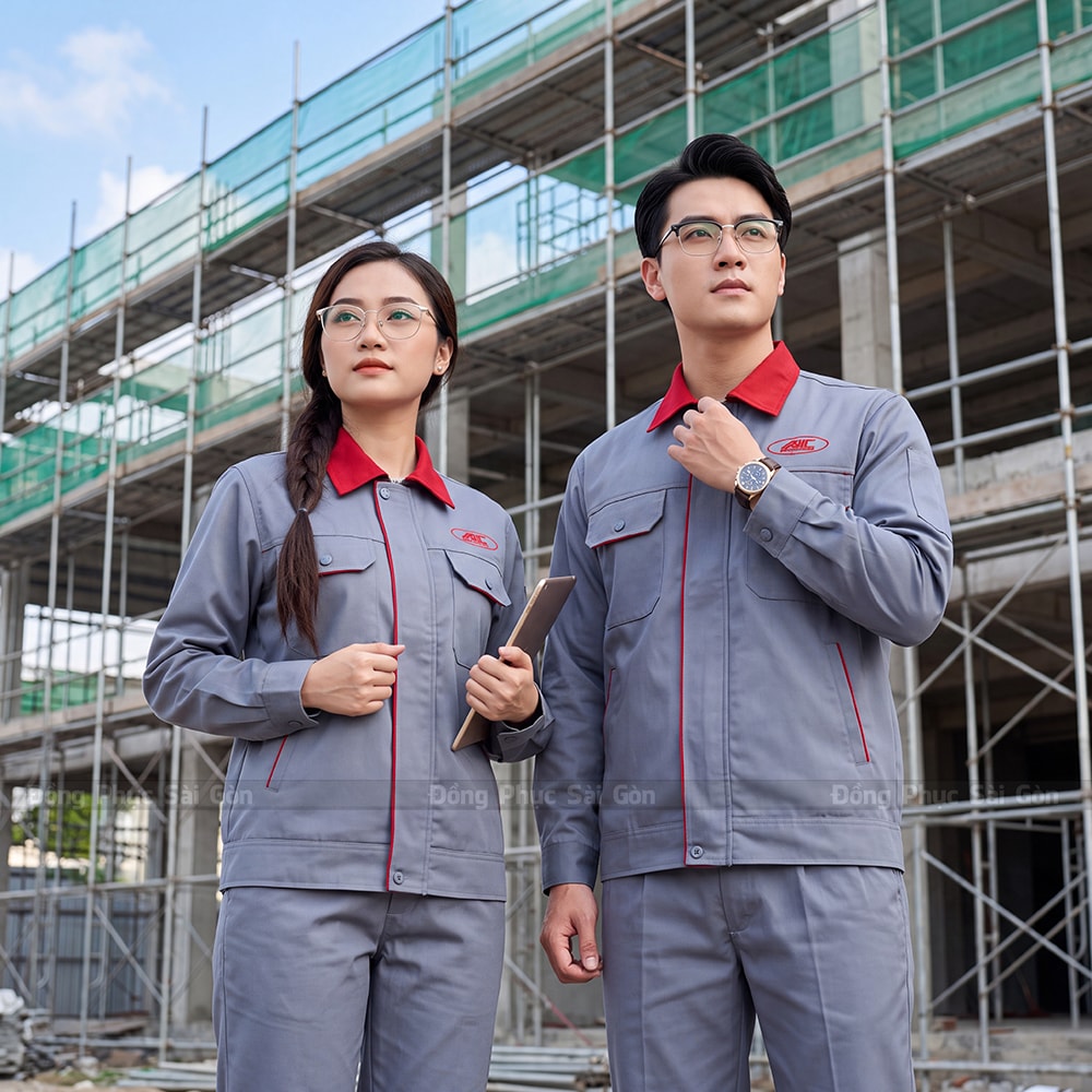 Áo đồng phục công nhân tay dài màu xám phối đỏ 1
