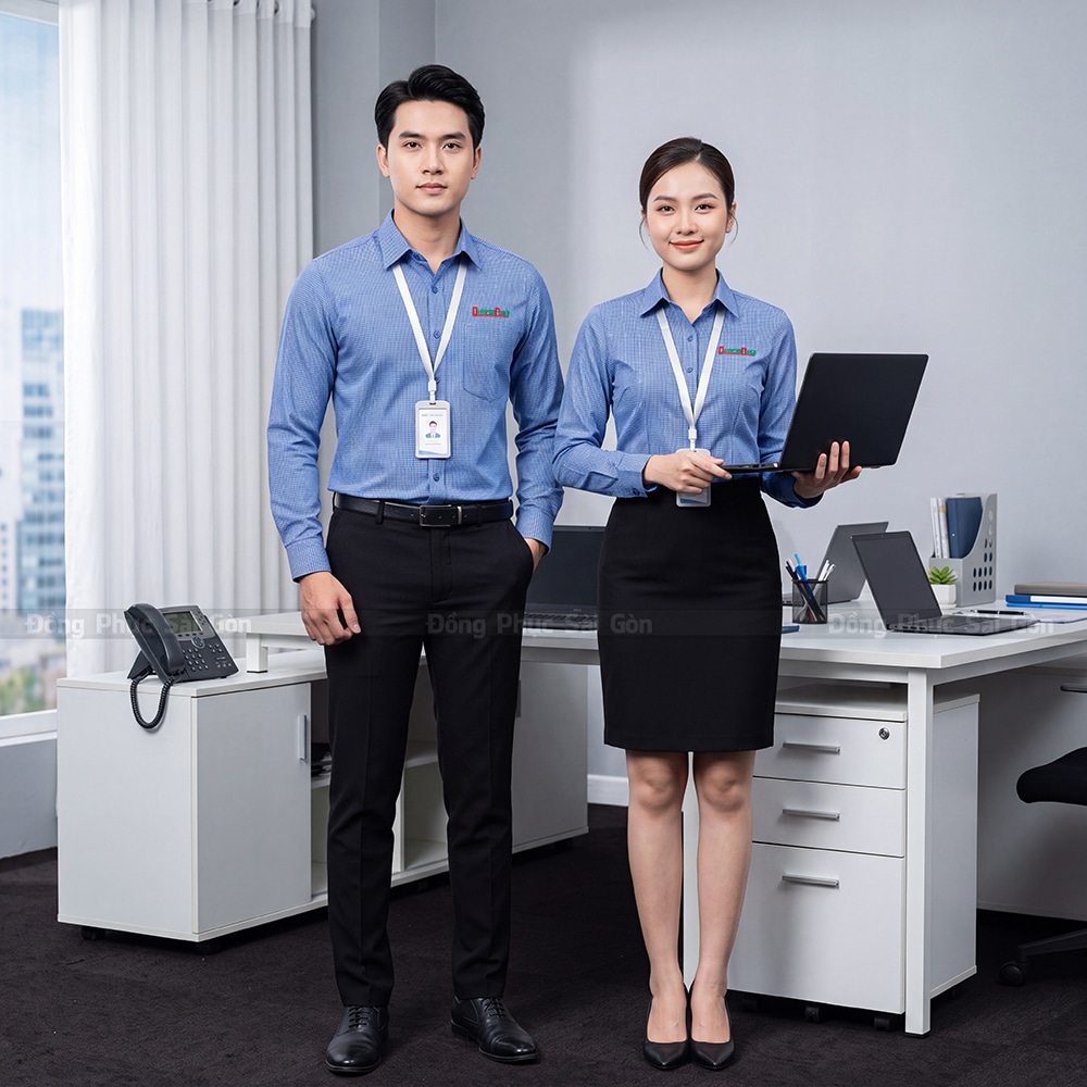 Áo đồng phục công sở màu xanh tay dài đẹp 2