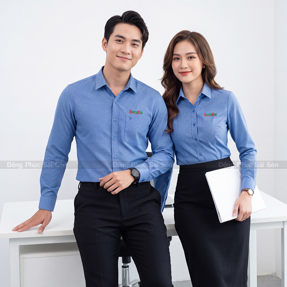 Áo đồng phục công sở màu xanh tay dài đẹp 3