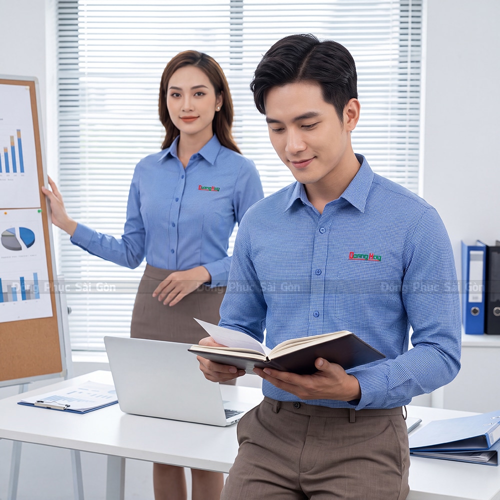 Áo đồng phục công sở màu xanh tay dài đẹp 4
