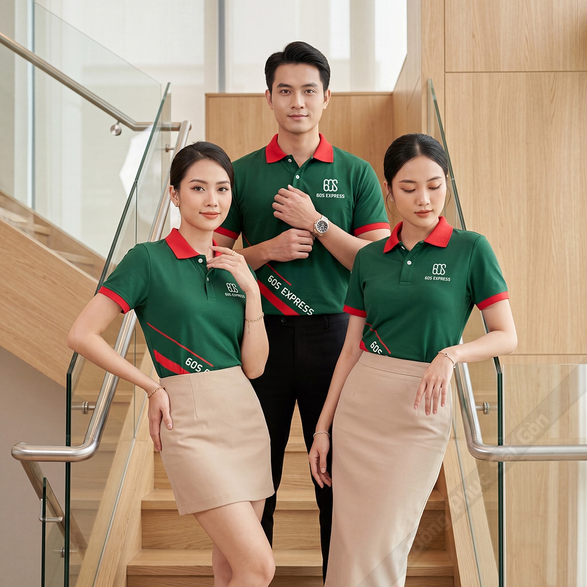 Áo đồng phục công ty cao cấp màu xanh phối đỏ 3