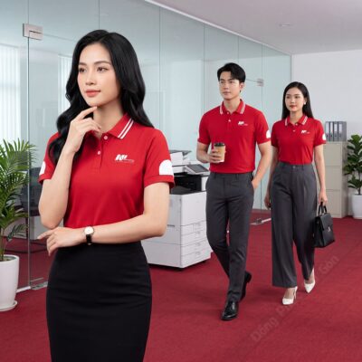 Áo đồng phục công ty đẹp màu đỏ 1