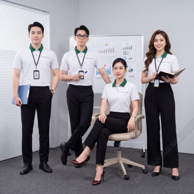 Áo đồng phục công ty màu trắng phối xanh lá 4