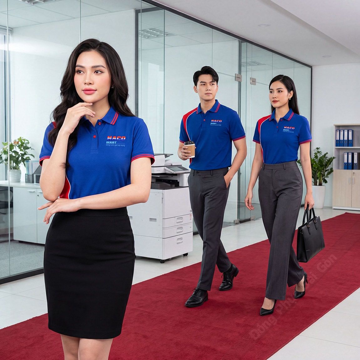 Áo đồng phục công ty màu xanh phối đỏ sang trọng 1
