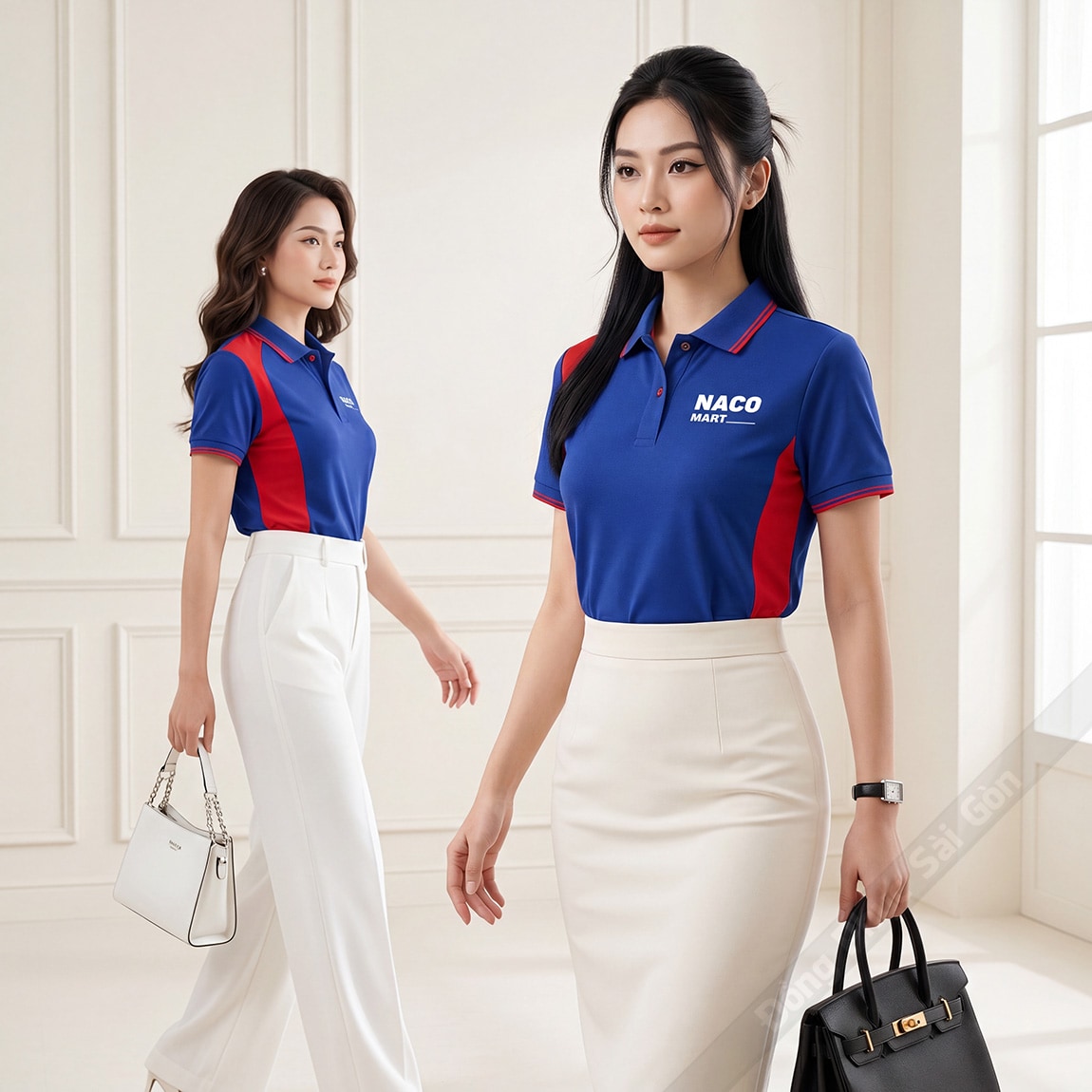 Áo đồng phục công ty màu xanh phối đỏ sang trọng 2