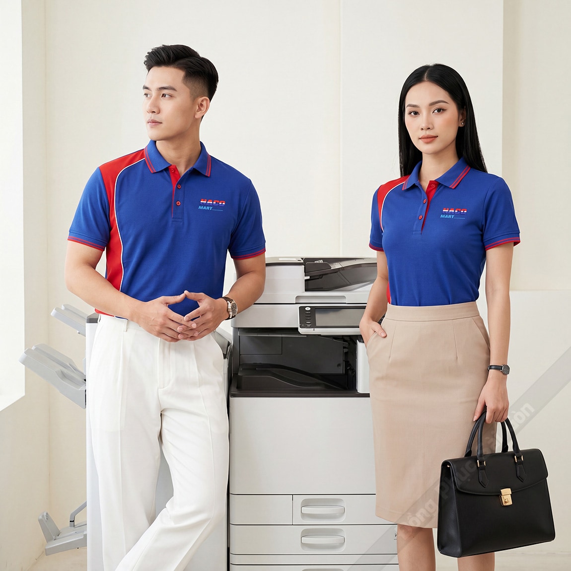 Áo đồng phục công ty màu xanh phối đỏ sang trọng 3