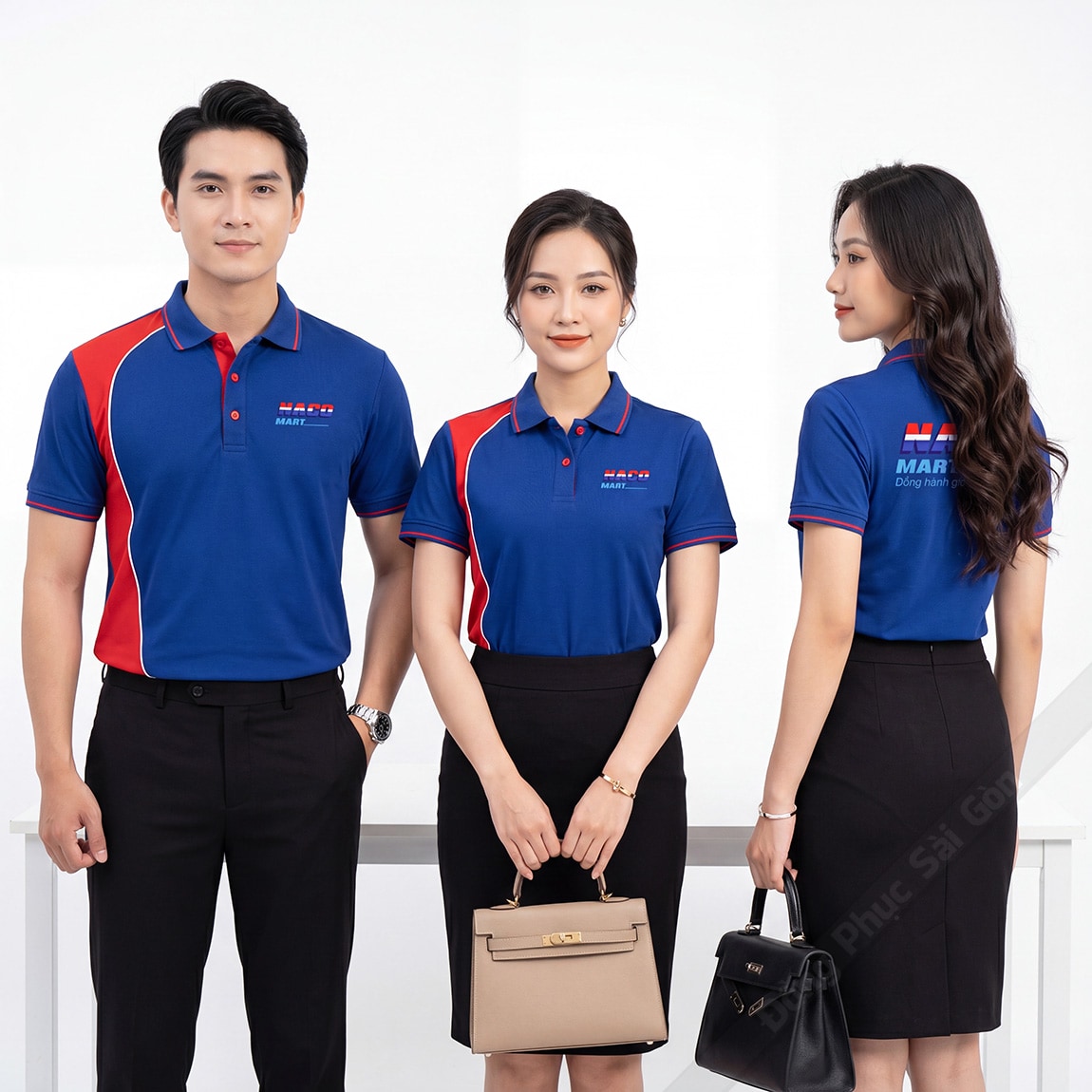 Áo đồng phục công ty màu xanh phối đỏ sang trọng 4