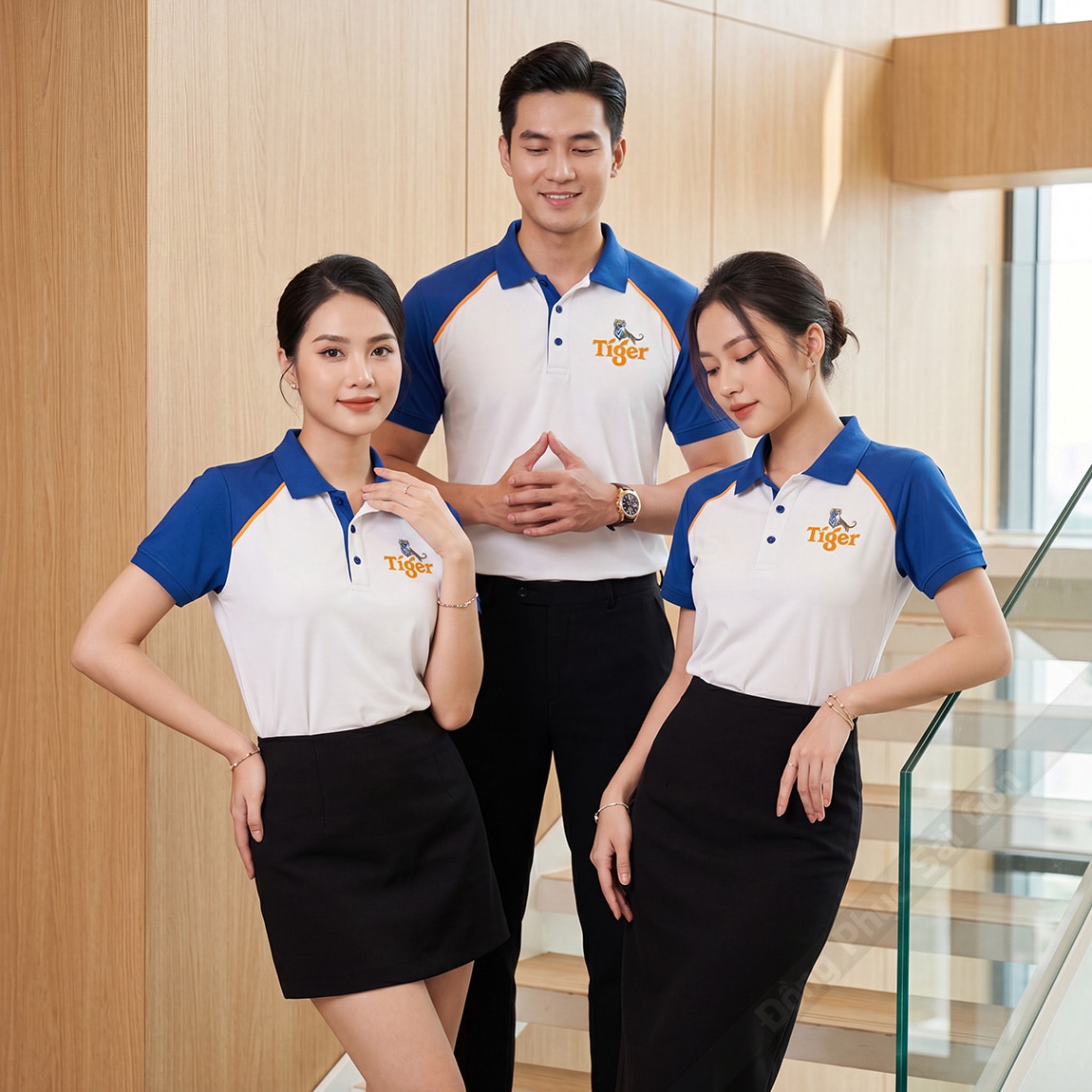 Áo đồng phục doanh nghiệp Tiger màu trắng phối xanh 2