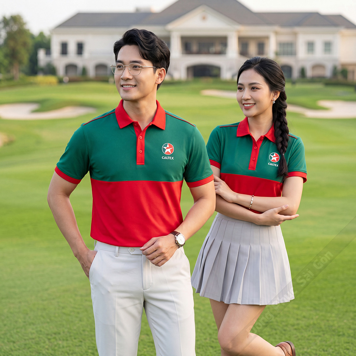 Áo đồng phục polo có cổ màu đỏ phối xanh lá đậm 2