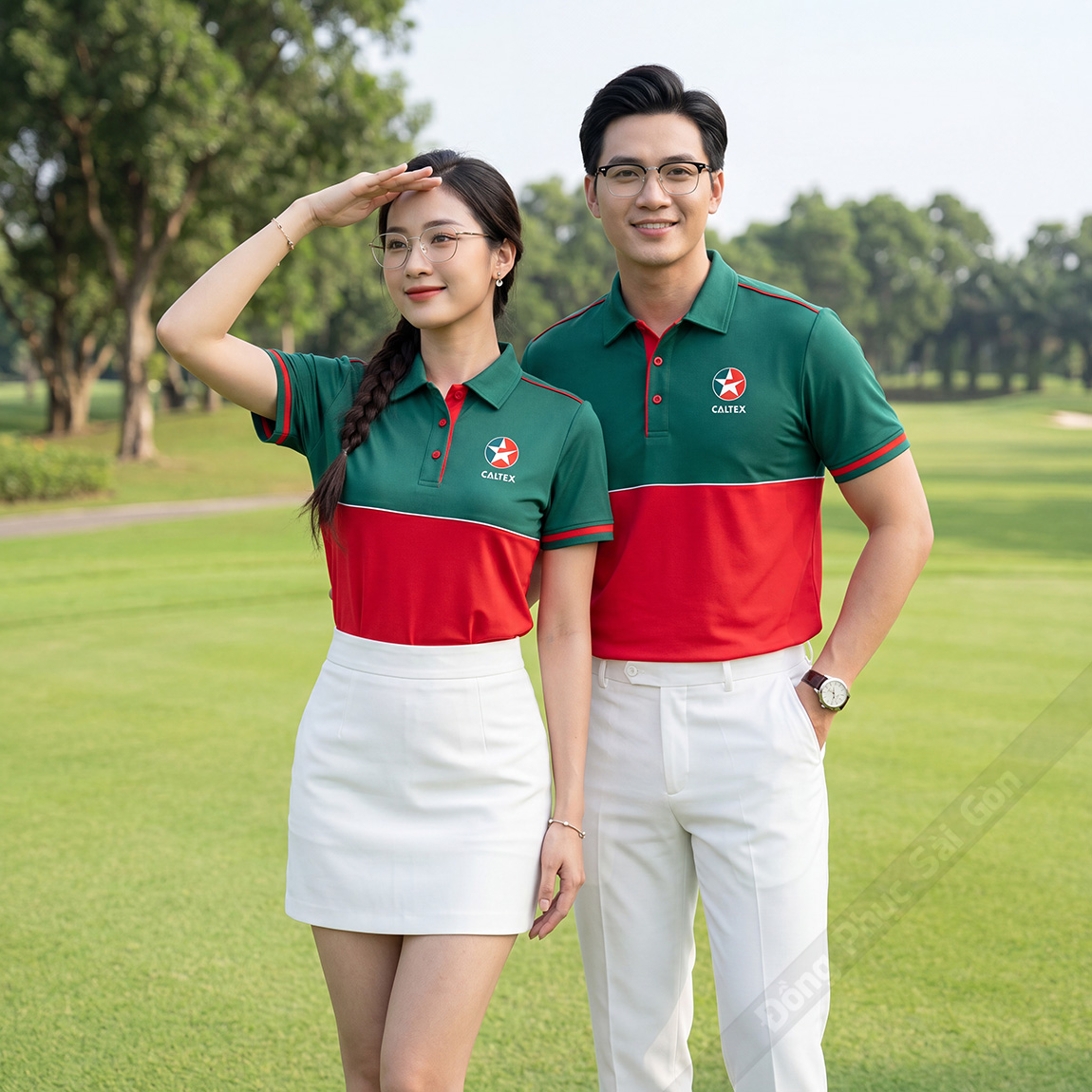 Áo đồng phục polo có cổ màu đỏ phối xanh lá đậm 3