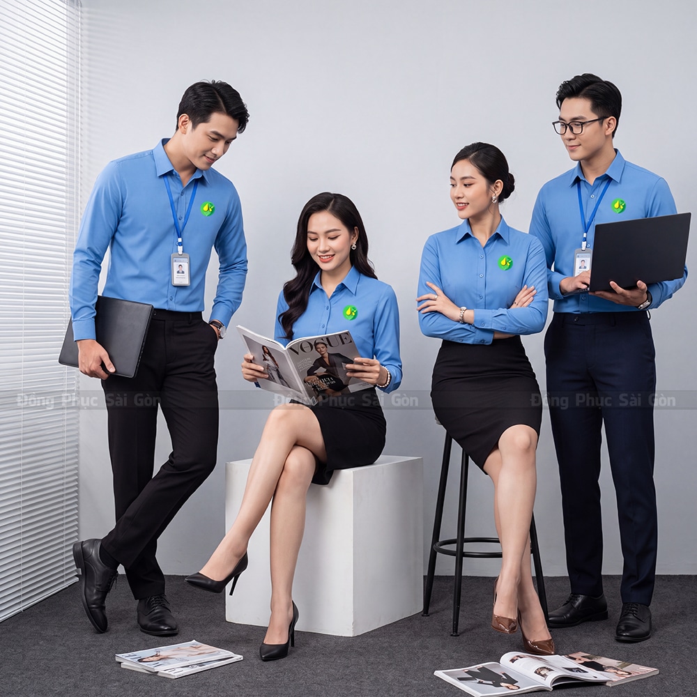 Áo đồng phục sơ mi công ty màu xanh dài tay cao cấp 2