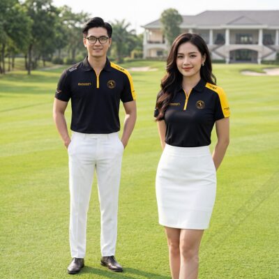 Áo phông đồng phục đẹp màu đen phối vàng hiện đại 1