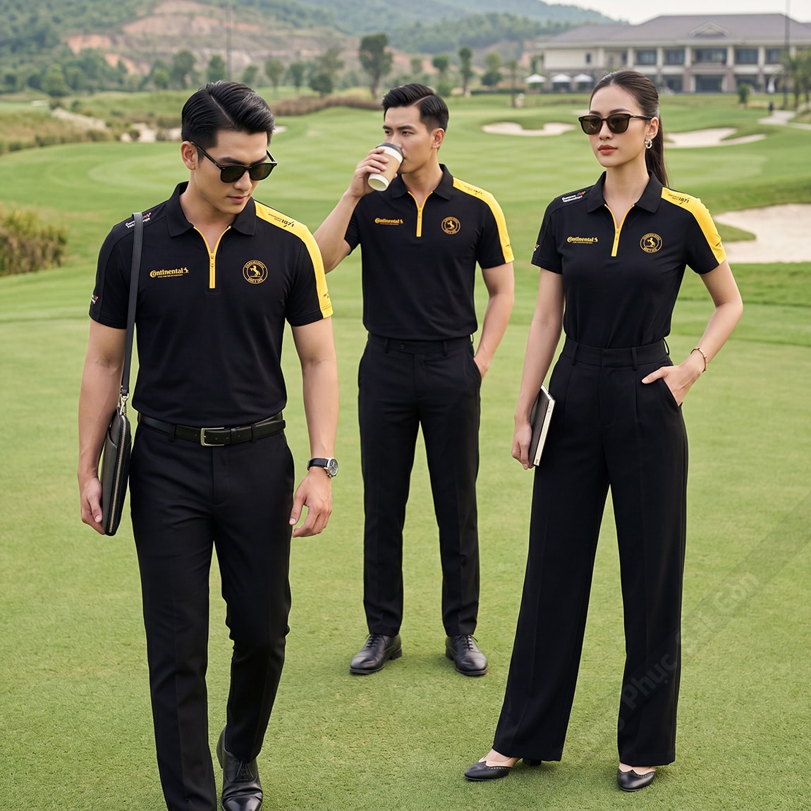 Áo phông đồng phục đẹp màu đen phối vàng hiện đại 3