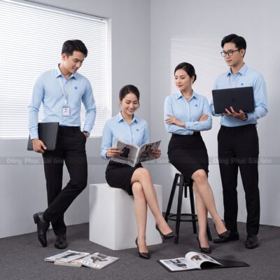 Áo sơ mi đồng phục công sở đẹp màu xanh in logo thương hiệu 1