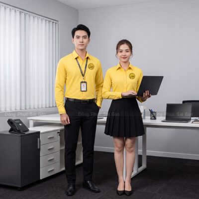 Áo sơ mi đồng phục nam nữ màu vàng trẻ trung 1