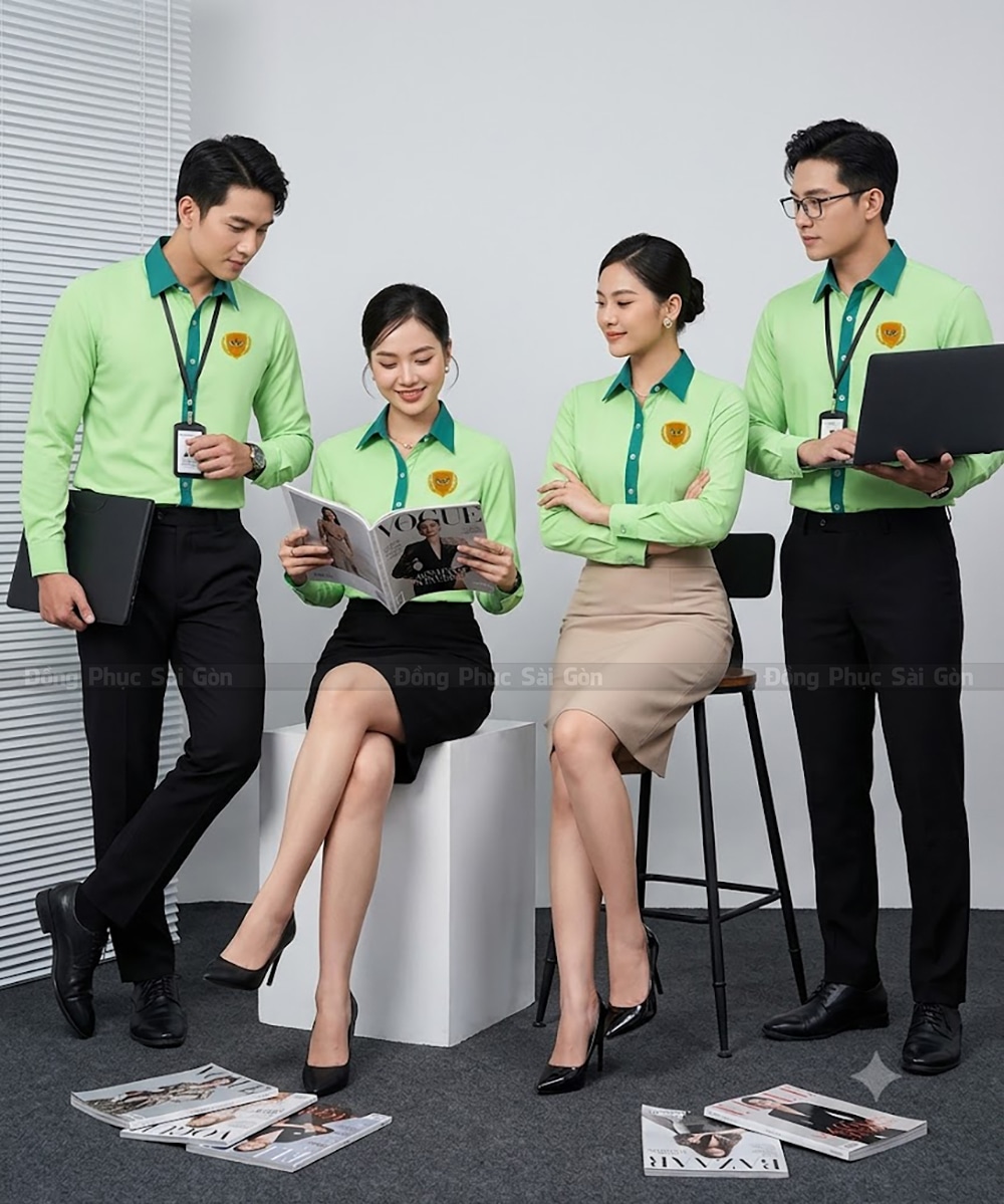 Áo sơ mi đồng phục tay dài màu xanh cao cấp 4