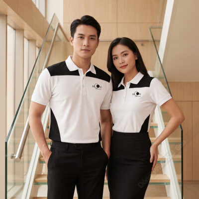 Áo thun cổ trụ đồng phục màu trắng phối đen sang trọng 1