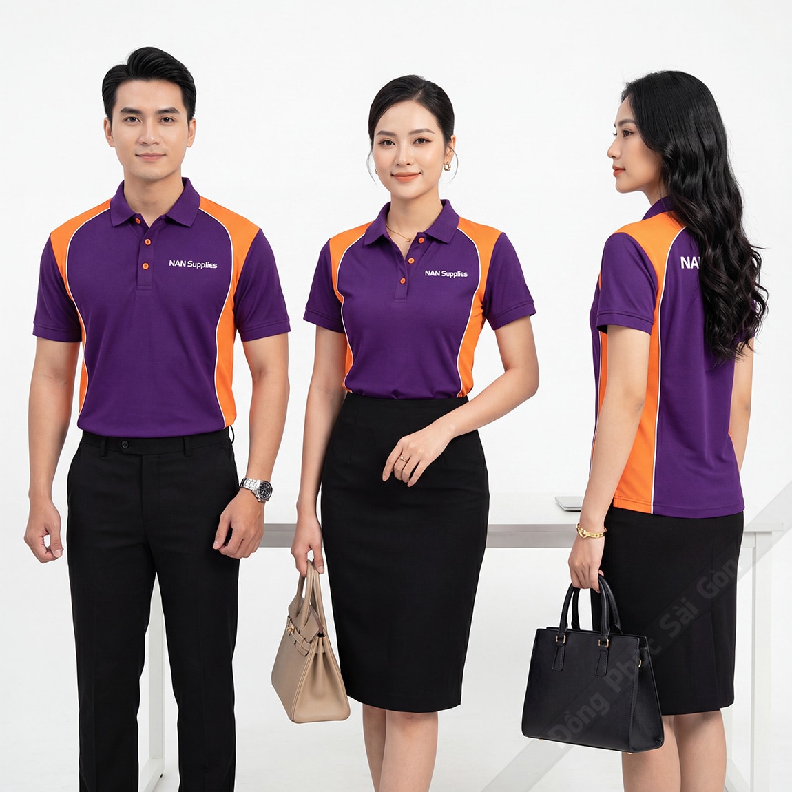Áo thun công ty màu tím phối cam thanh lịch 1