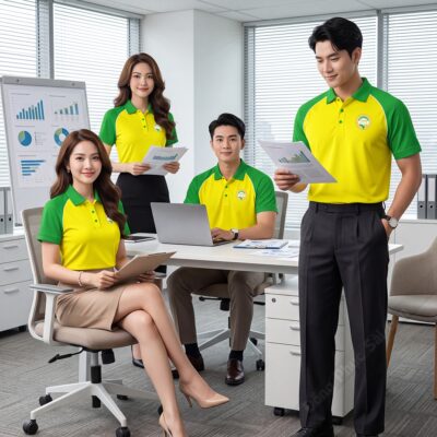 Áo thun đồng phục cao cấp màu vàng phối xanh lá 1