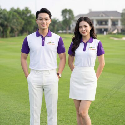 Áo thun đồng phục cổ trụ màu trắng phối tím thanh lịch 1