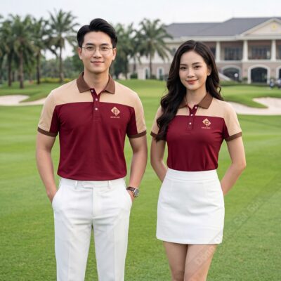 Áo thun đồng phục công sở Bang ART màu đỏ phối be 1