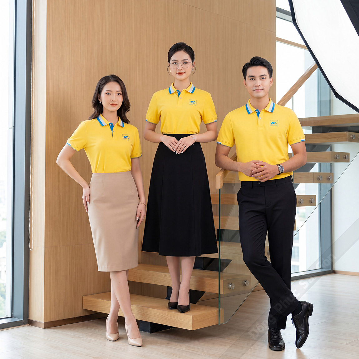 Áo thun polo đồng phục màu vàng bo dệt kiểu cao cấp 2