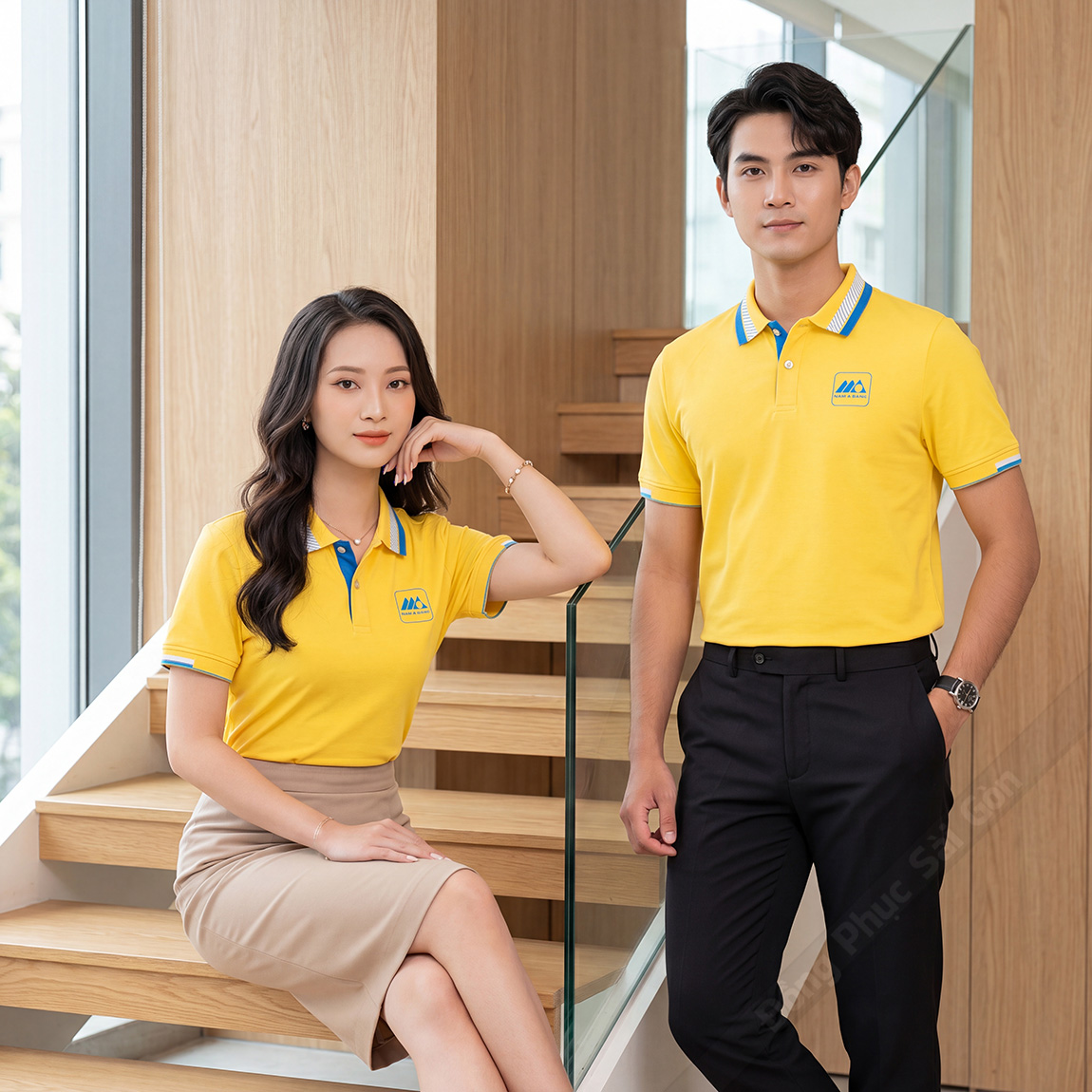 Áo thun polo đồng phục màu vàng bo dệt kiểu cao cấp 3