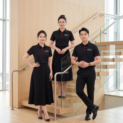 Áo thun trơn đồng phục màu đen phối viền đỏ 1
