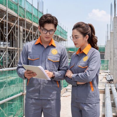 Đặt may đồng phục công nhân màu xám phối cam theo yêu cầu 1