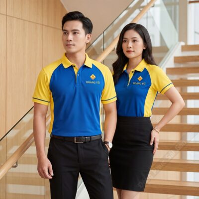 Đồng phục áo phông đẹp màu xanh bích phối vàng Hoàng Vũ 1
