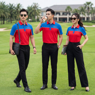 Đồng phục áo polo tay ngắn màu đỏ phối xanh ya 1