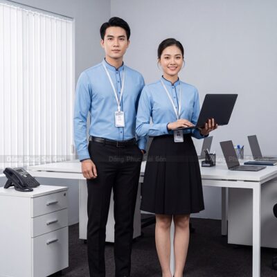 Đồng phục áo sơ mi công sở màu xanh sang trọng 1