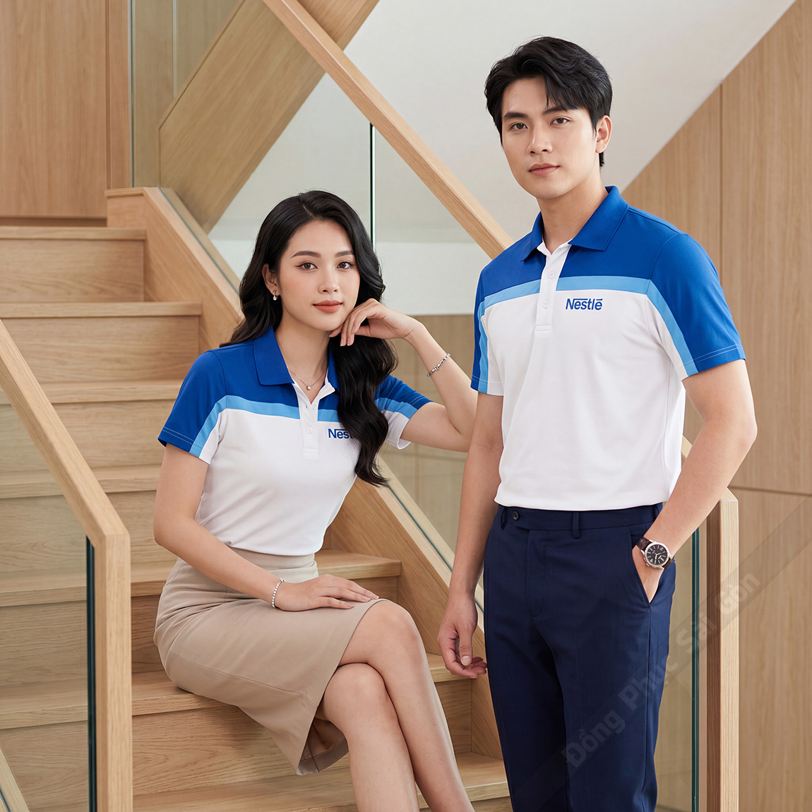 Đồng phục áo thun polo Nestle màu trắng phối xanh dương 3