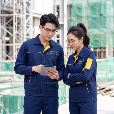 Đồng phục bảo hộ kỹ thuật màu xanh navy phối lé vàng 1