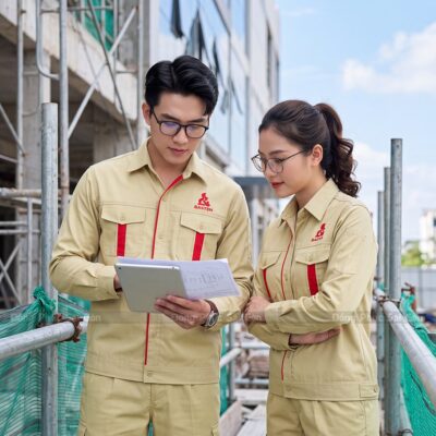 Đồng phục bảo hộ lao động R&N màu be phối đỏ 1