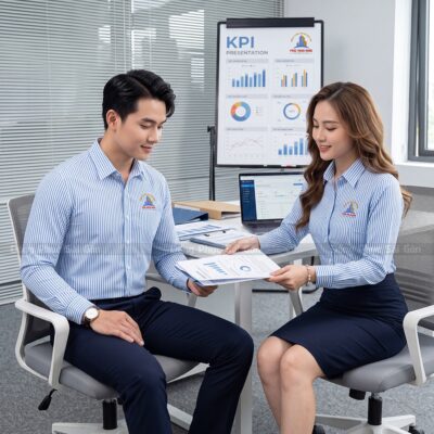 Đồng phục công sở nữ màu xanh sọc trắng tay dài DCS260007 1