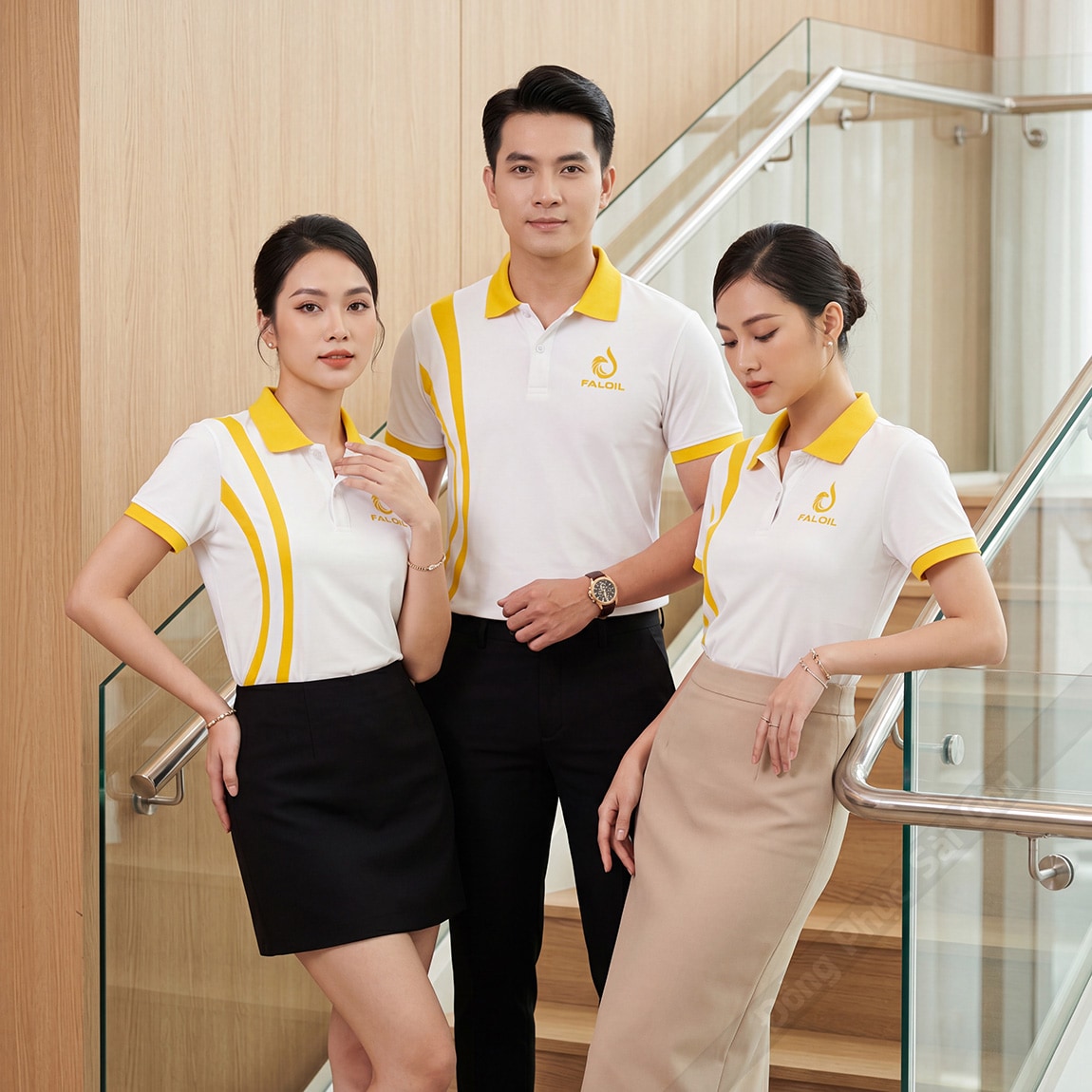 Đồng phục doanh nghiệp màu trắng phối vàng hiện đại 1