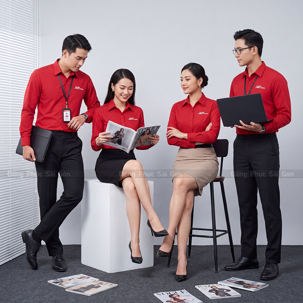 Đồng phục sơ mi nữ màu đỏ in logo J&T Express 1