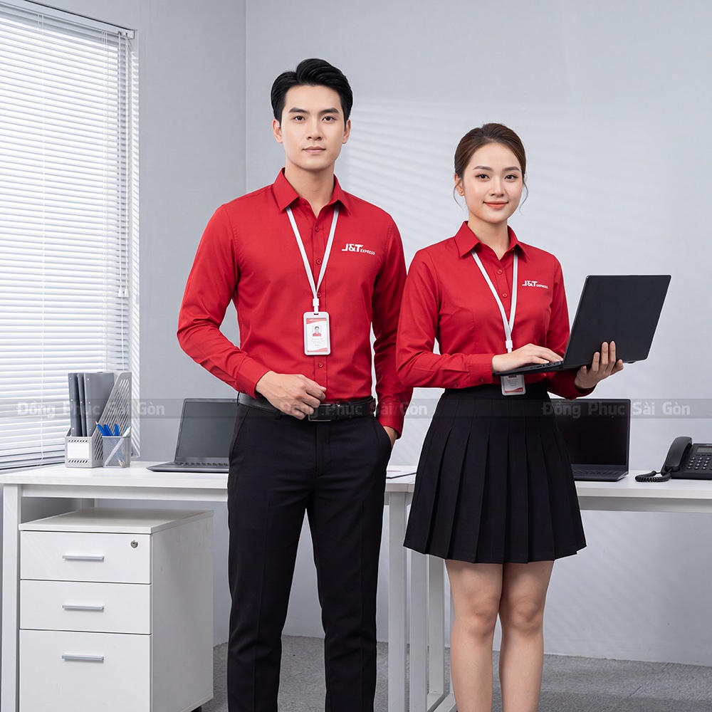 Đồng phục sơ mi nữ màu đỏ in logo J&T Express 2