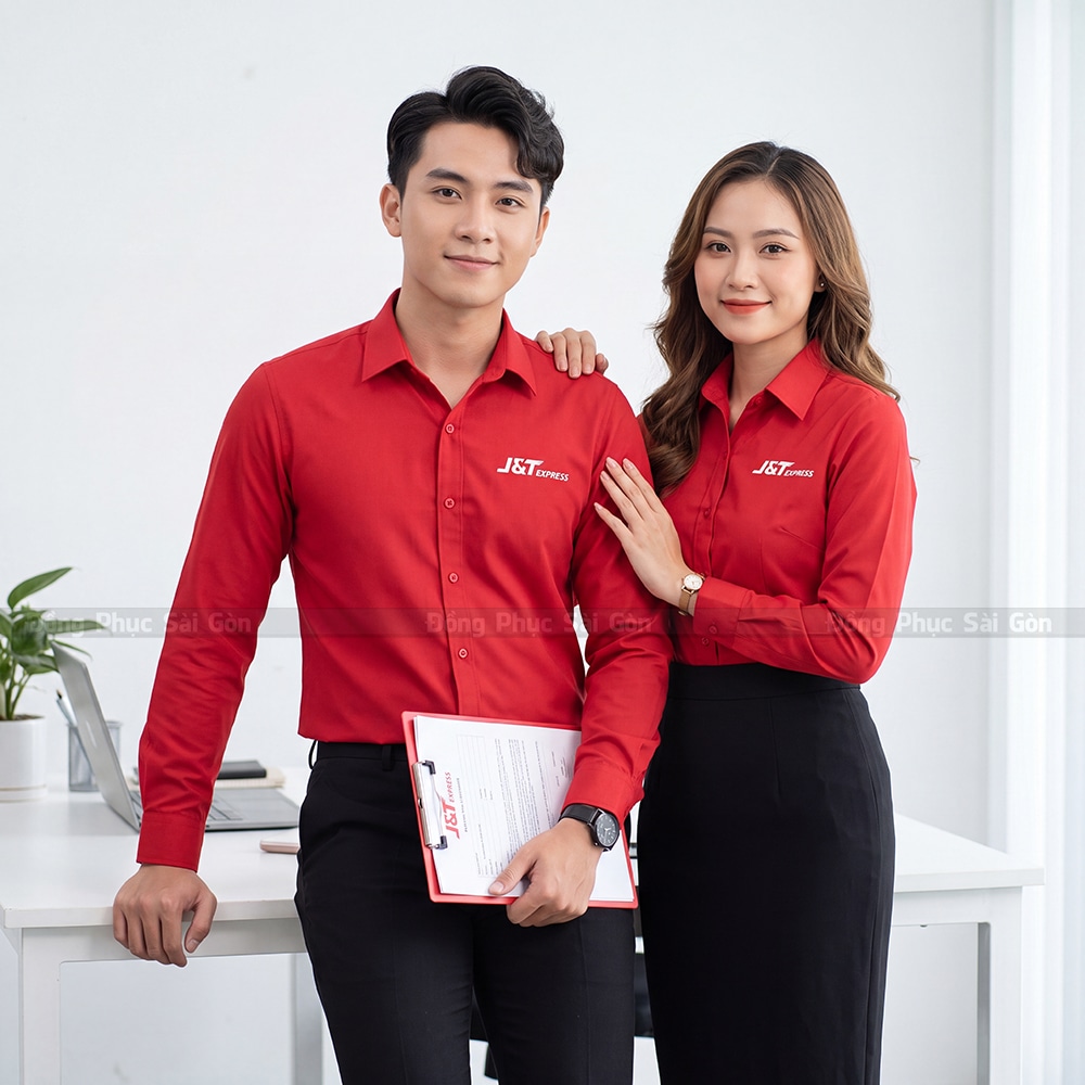 Đồng phục sơ mi nữ màu đỏ in logo J&T Express 3
