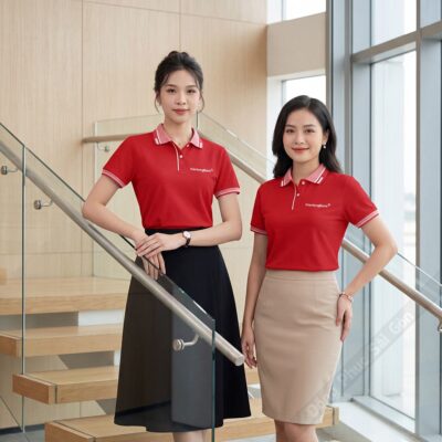 Mẫu áo công ty Kiên Long Bank màu đỏ phối trắng 1
