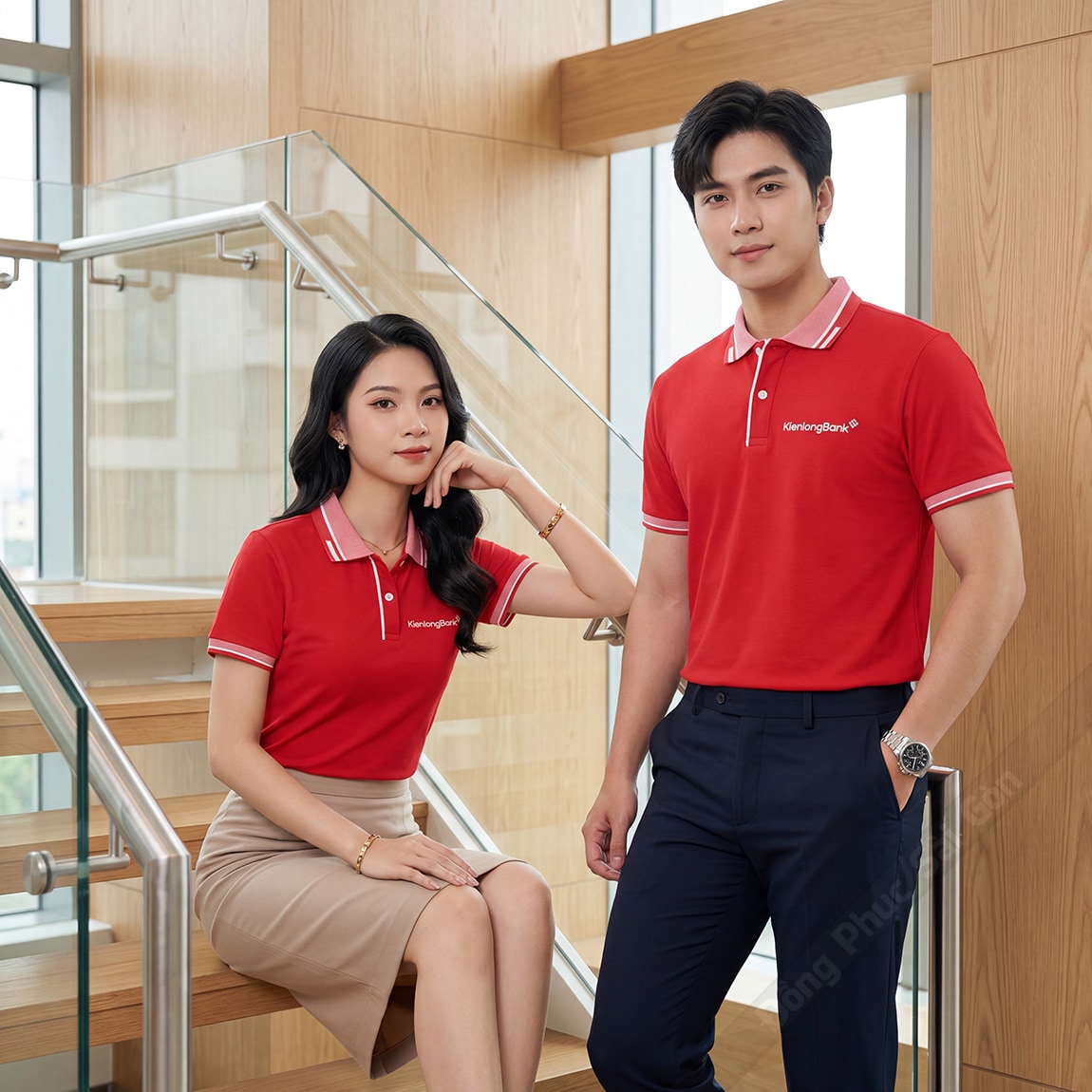 Mẫu áo công ty Kiên Long Bank màu đỏ phối trắng 4